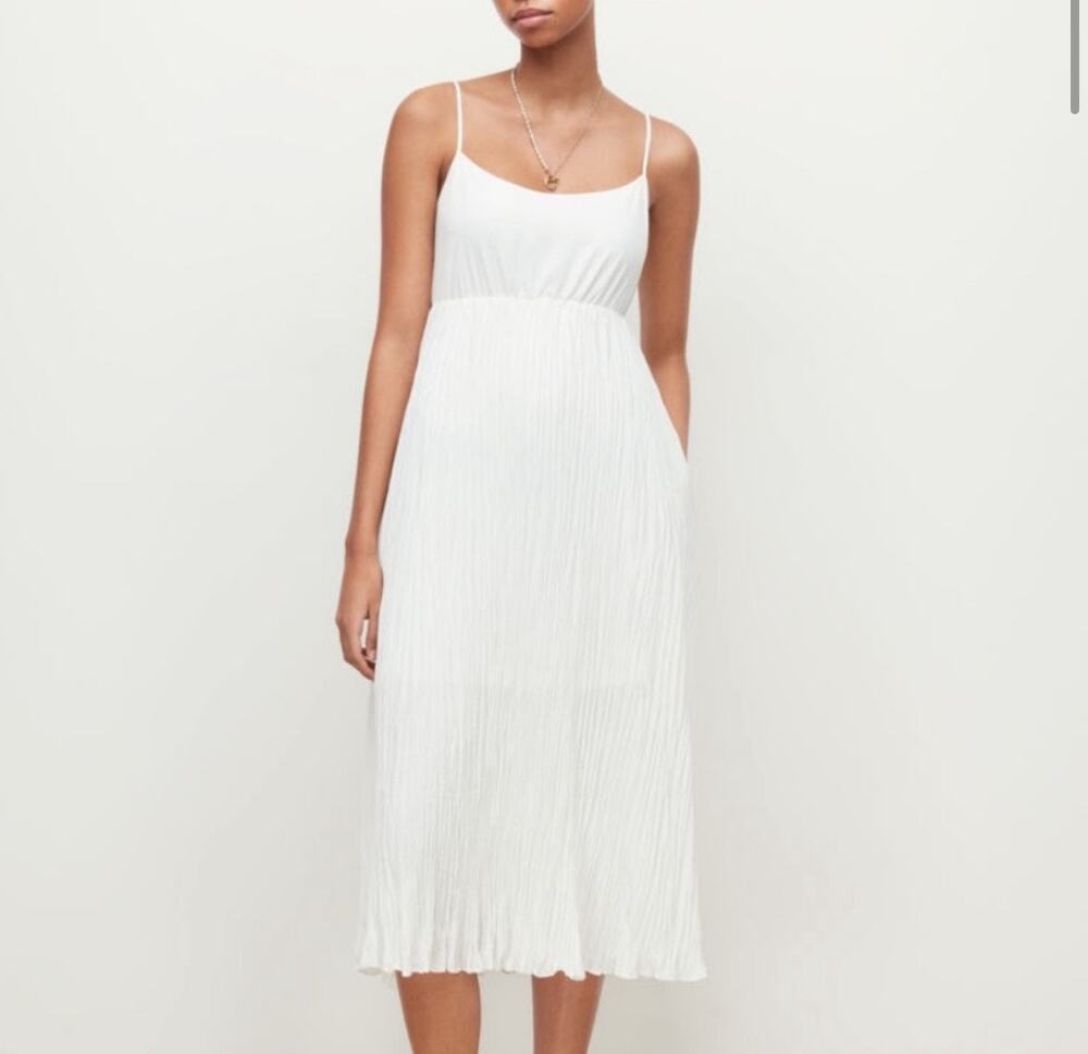 AllSaints White Pleated Midi Dress Women’s S  Spaghetti Strap minimalist coastal
